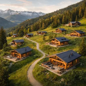 Modernes Chalet Dorf auf alpiner Bergwiese mit Bergpanorama