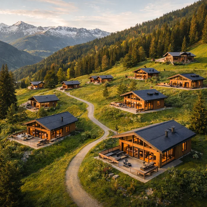 Modernes Chalet Dorf auf alpiner Bergwiese mit Bergpanorama