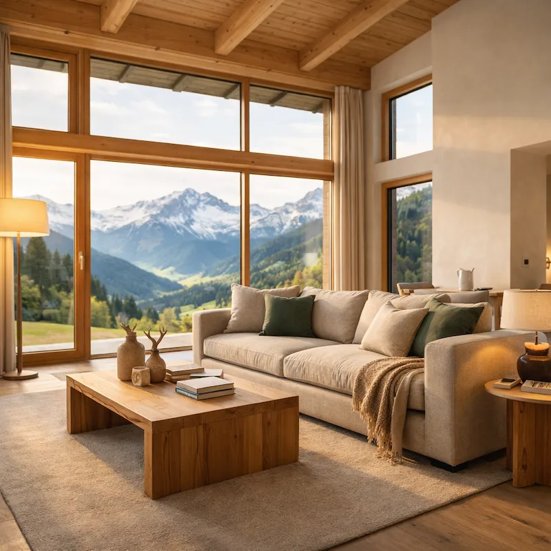 Modern eingerichteter Wohnraum mit Alpenblick von objektheimat