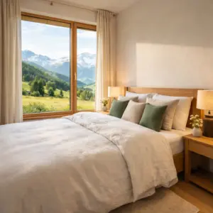 Eingerichtetes Ferienschlafzimmer mit Alpenblick im Sommer