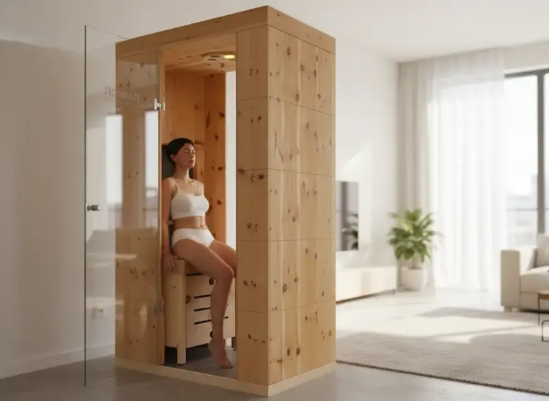 Wohltuendes Wellness Zuhause mit Hydrosoft Frau genießt Wellness Zuhause in einer Hydrosoft Wellnesskabine